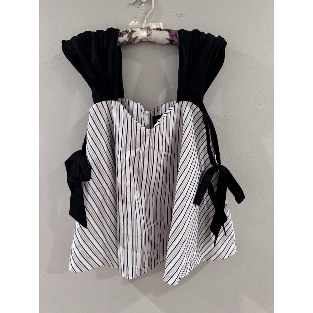 Style Mafia 100% Linen Cottagecore Top Blue White Striped Bow Detail Medium‎ - Picture 7 of 8